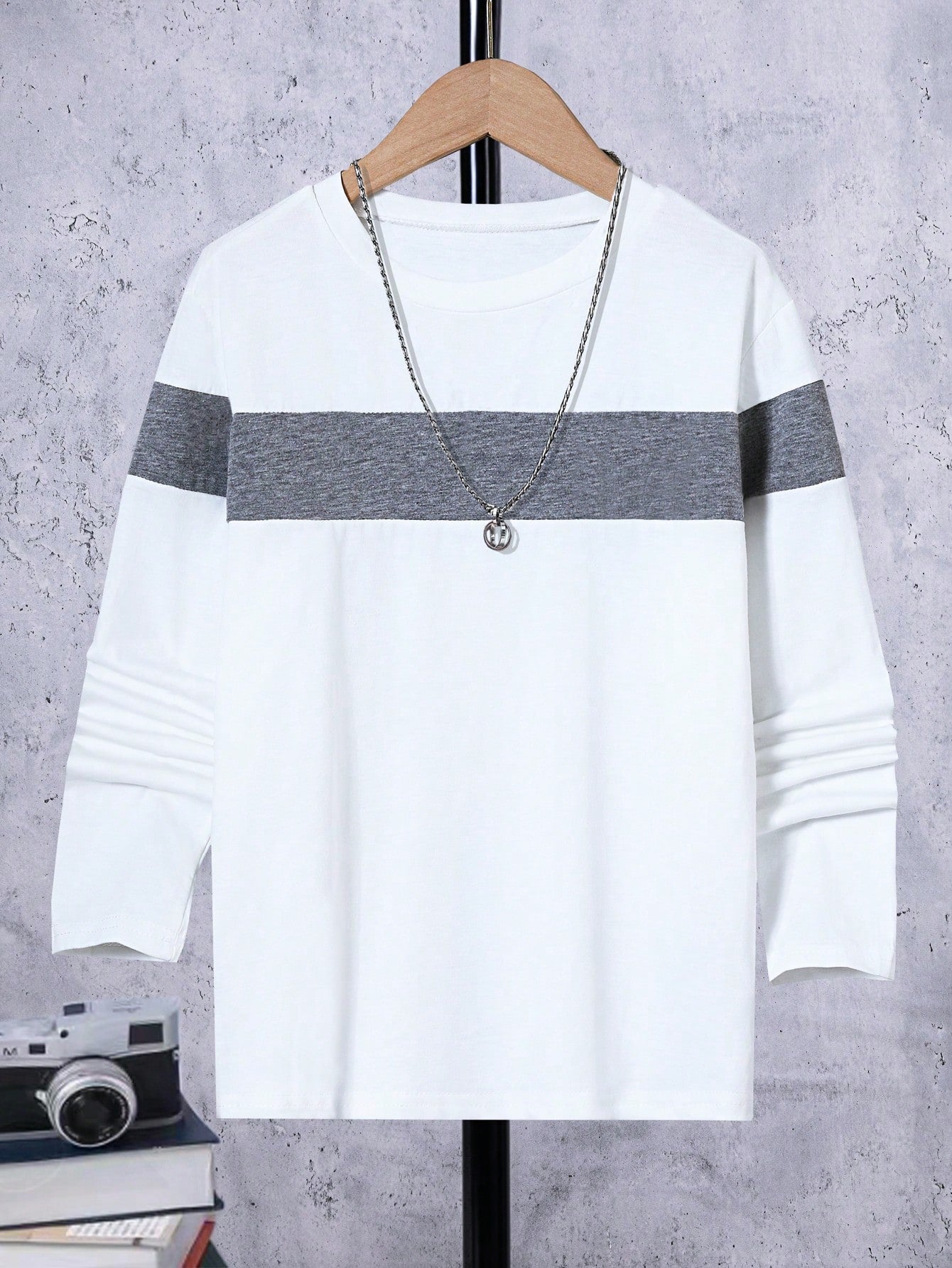 Tween Boy Casual Sports Knit Round Neck Patchwork T-Shirt, Fall/Winter