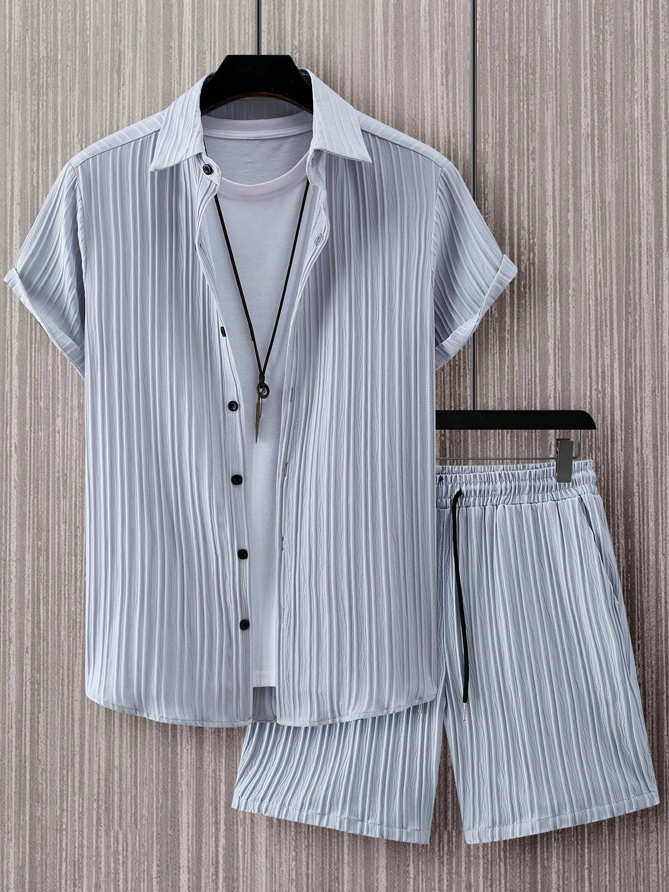 Men's Plus Size Holiday Casual Solid Color Short Sleeve Shirt & Shorts 2pcs Set