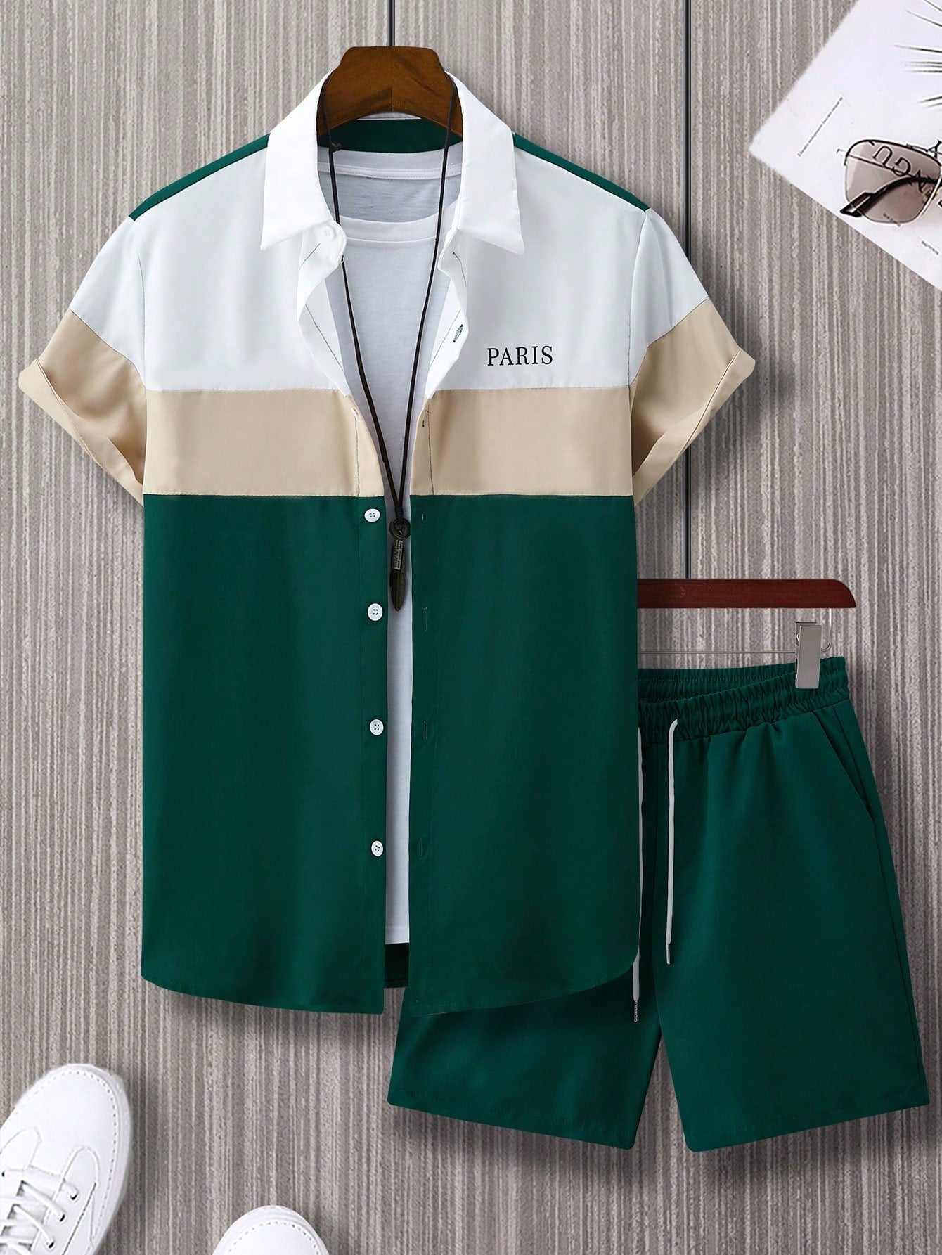 Men's Plus Size Summer Casual Letter Printed Colorblock Short Sleeve Shirt And Shorts Set