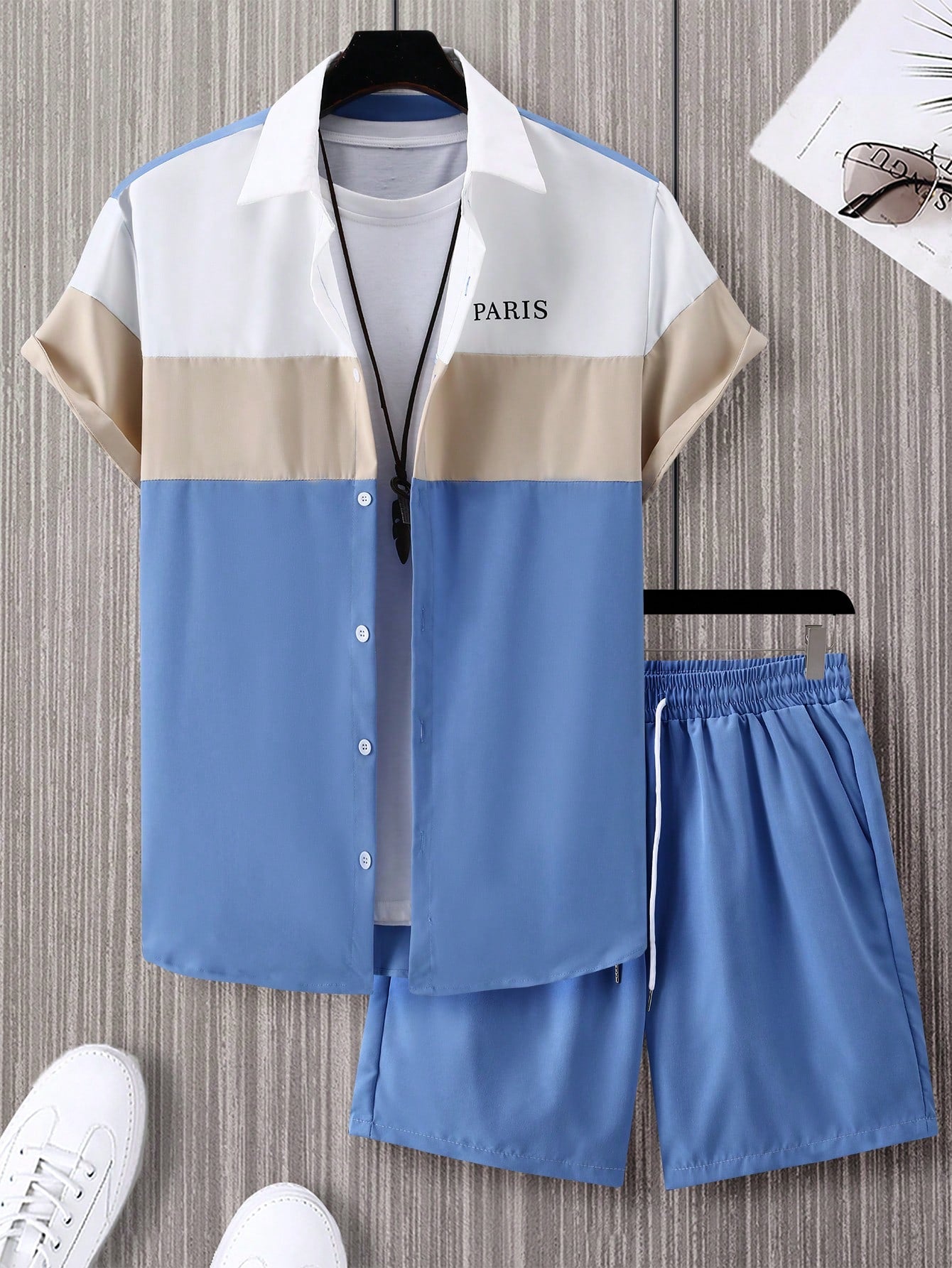 Plus Size Men's Color Block Letter Printed Short Sleeve Shirt And Drawstring Waist Shorts Casual Set, Summer