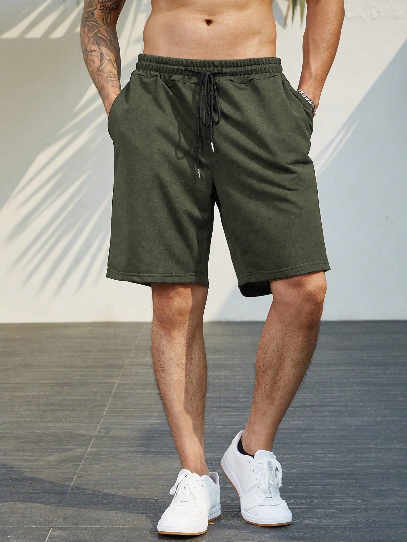 Men Plus Solid Drawstring Waist Shorts Sweat Plain Black Size