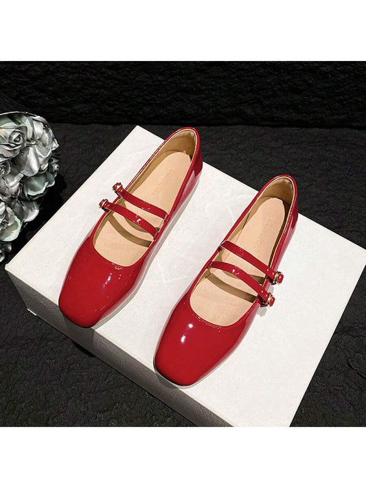 2024 New Summer Versatile Soft-Sole Comfortable Red Patent Leather Mary Jane Flats With Square Toe & Dual Buckle Strap For Women