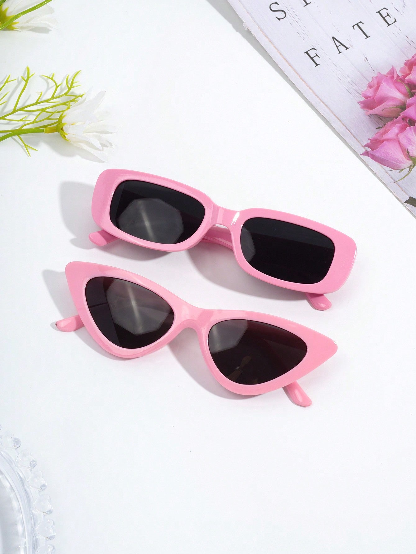 2pairs Kids Personality Simple Cat Eye Square Sunglasses, Suitable For Teenagers