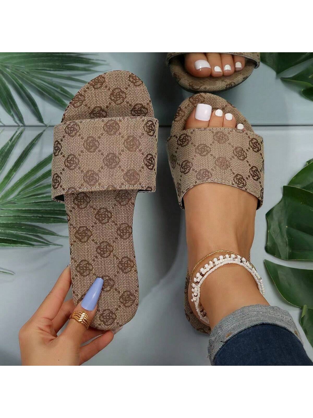 Women's Flat Slippers, Stylish Flower Pattern One-Strap Slide Sandals, Casual Beach Wide Strap Slides