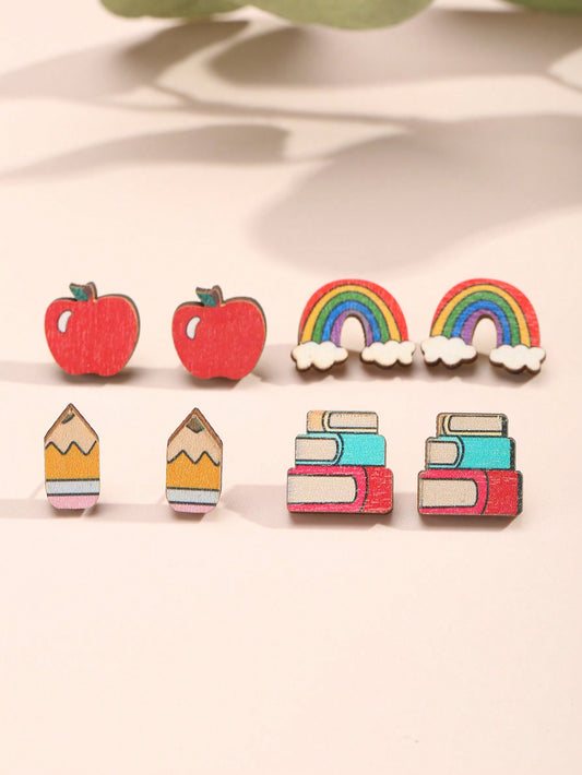 4pairs Cute Book & Pencil Shaped Stud Earrings, Versatile Accessory Set For Back To School, Graduation Gift