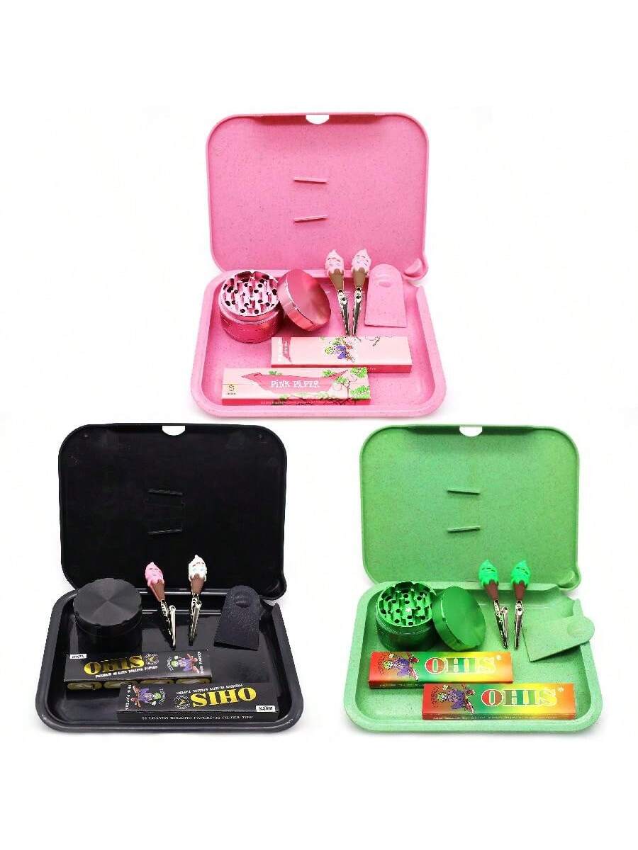 A Set Of Smoking Sets Containing 5.8"X*7.8" Double Layer Trays, Two Tobacco Roll Paper Booklets, 55mm 4 Layer Aluminum Alloy Grinders, Two Cute Shaped Silicone Tobacco Clips, Smoking Accessories, Gifts For Smokers