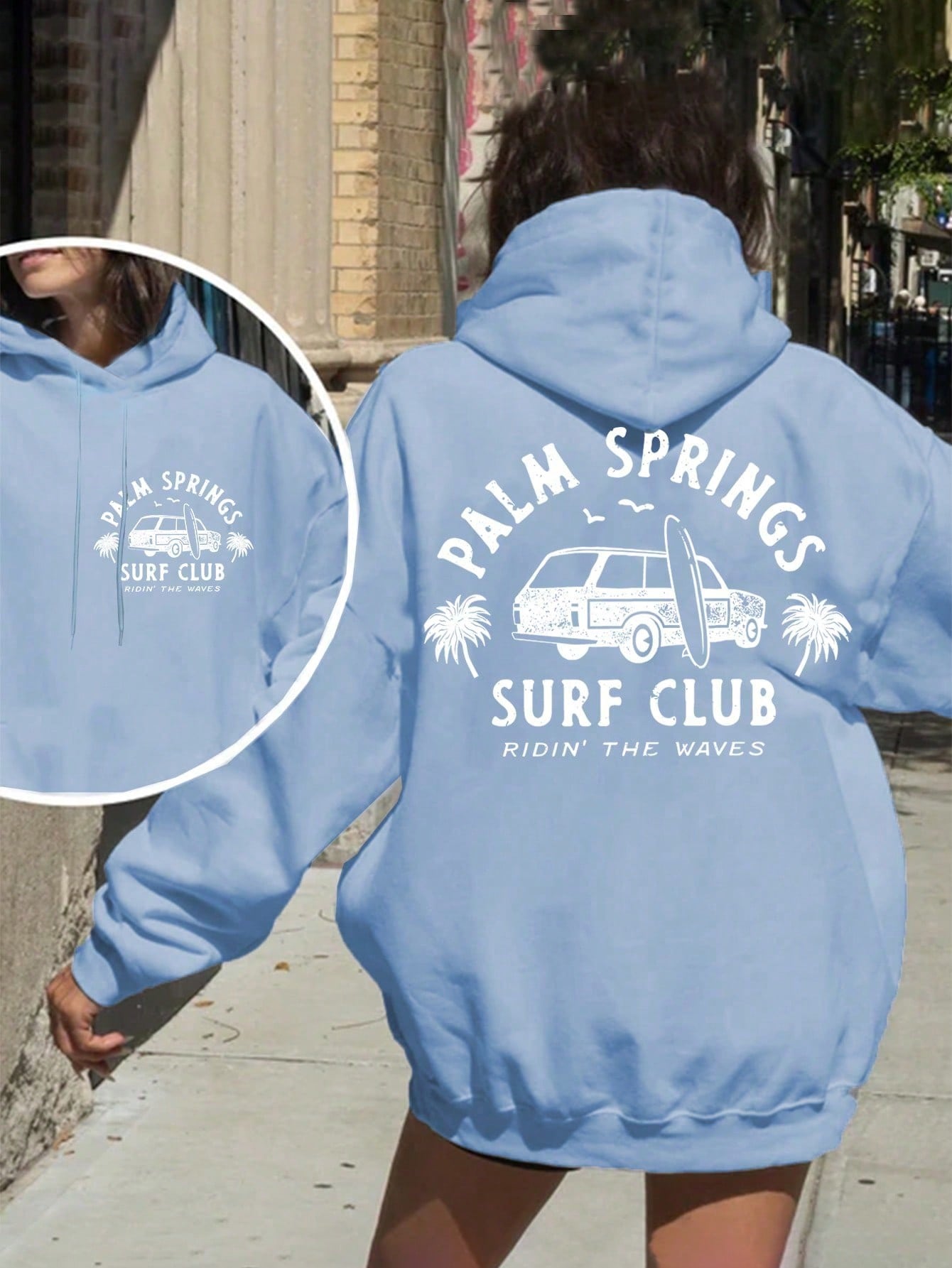 Oversized Palm Springs Surfing Coconut Slogan Printed Hoodie For Women