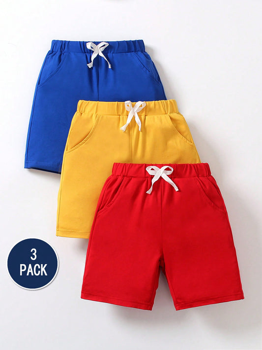 Young Boys 3pcs/Set Knit Real Pocket Colored Six Pocket Shorts With Decorative Drawstring, Summer