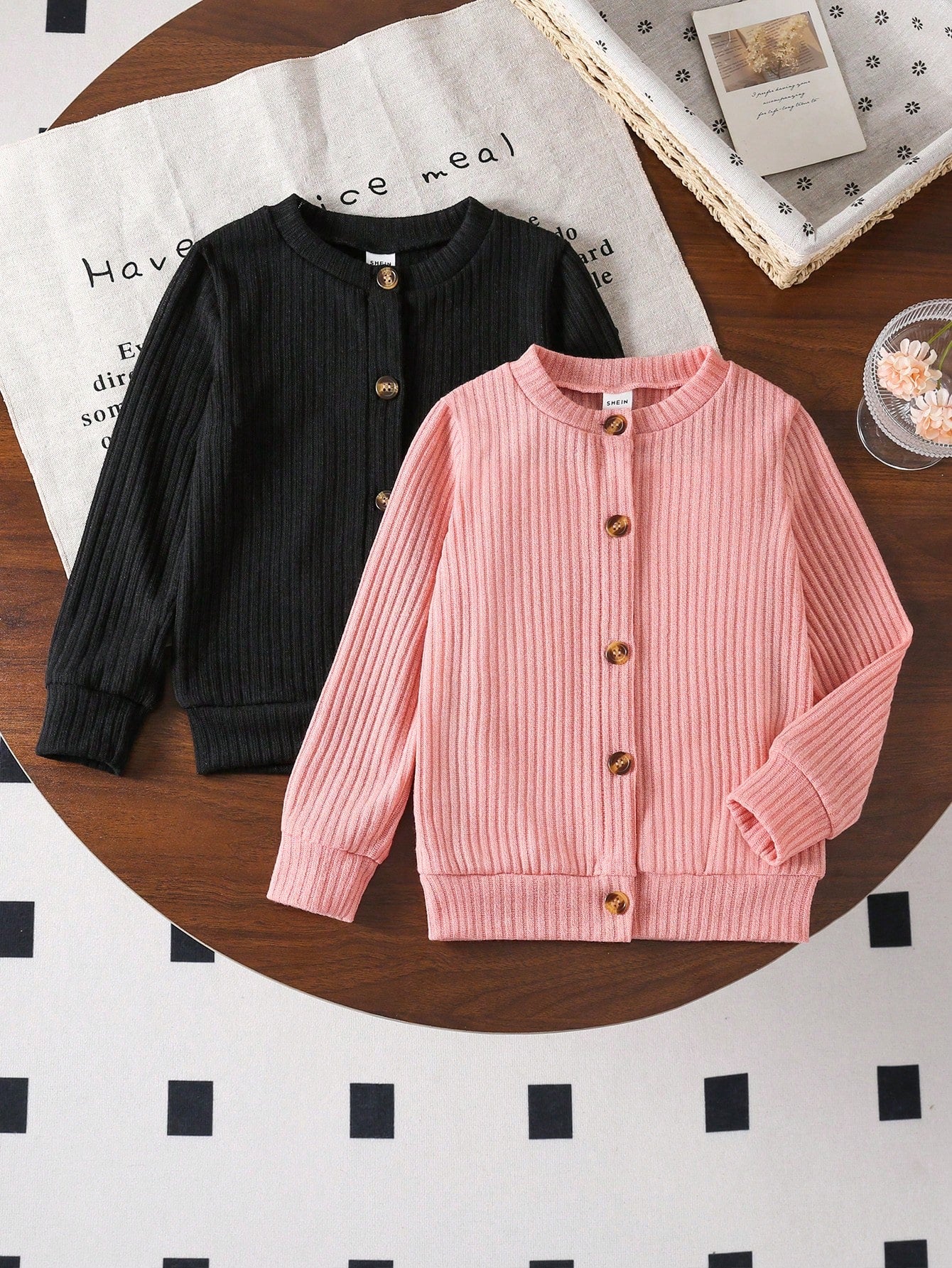 2pcs Set Girls' Simple Pink + Black Ribbed Long Sleeve Cardigan Jacket