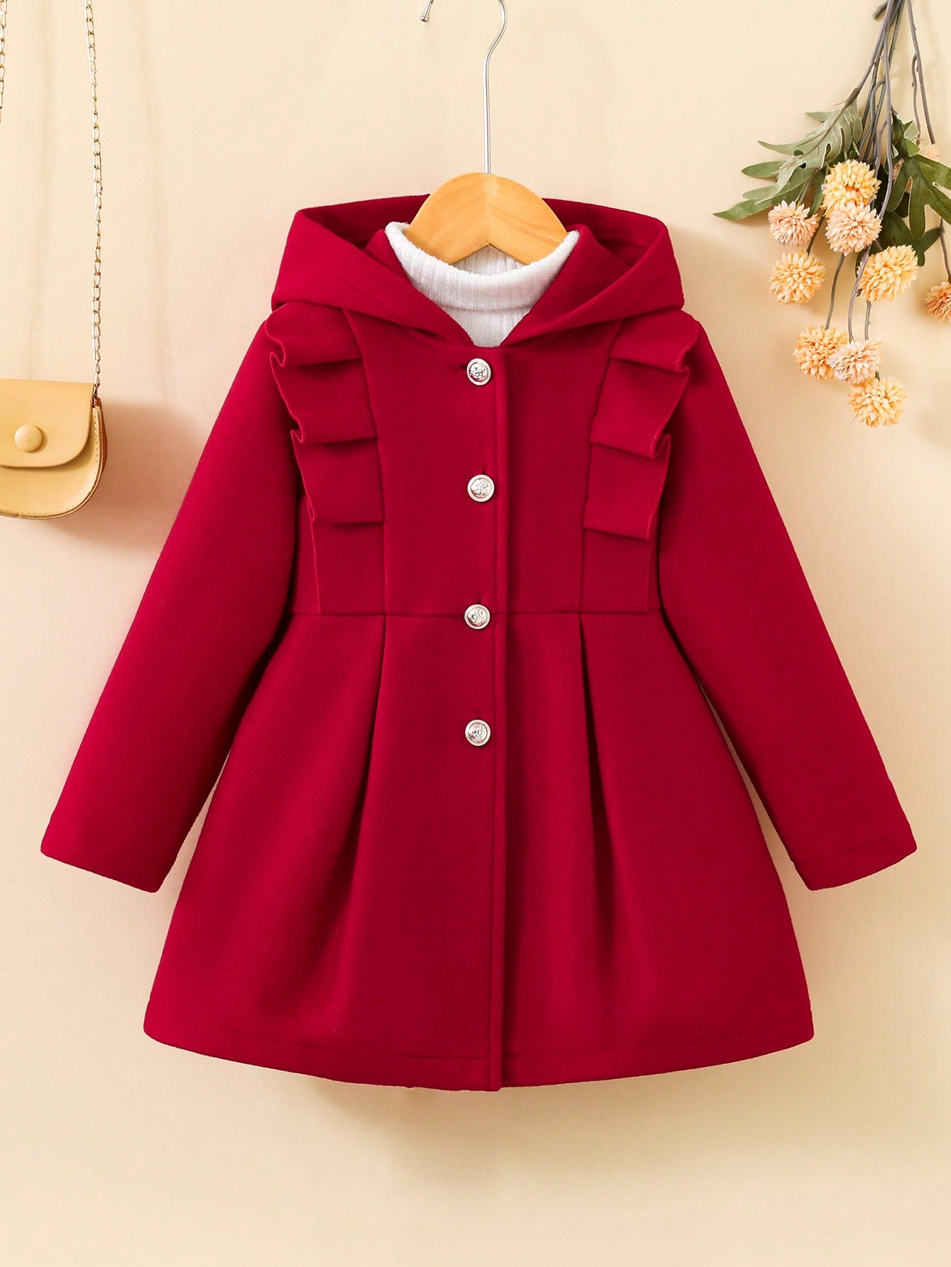 Young Girls Ruffled Hem Long Sleeve Hooded Button Wool Blend Jacket