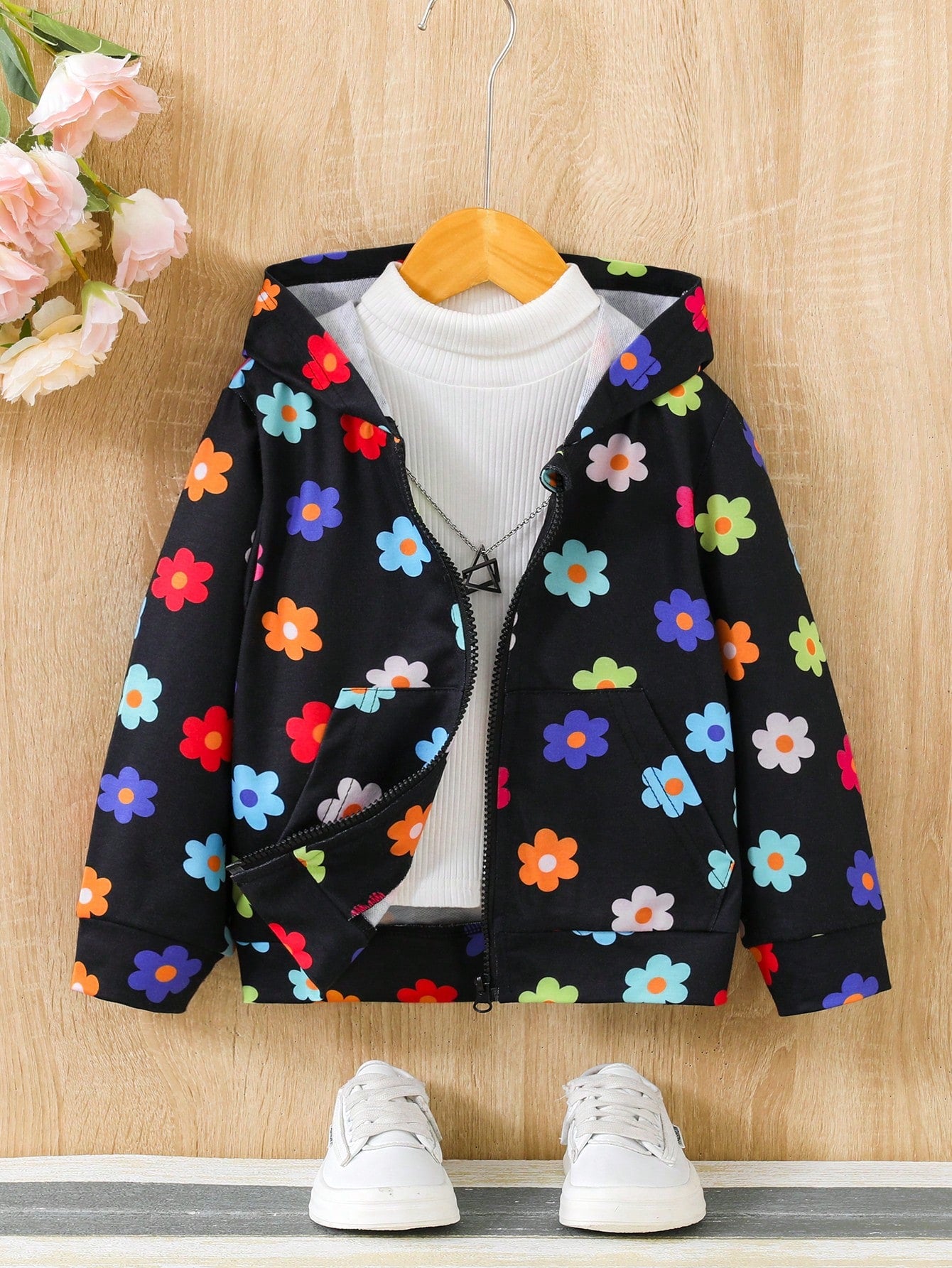 Girls Colorful Flower Pattern Zip-Up Hooded Jacket