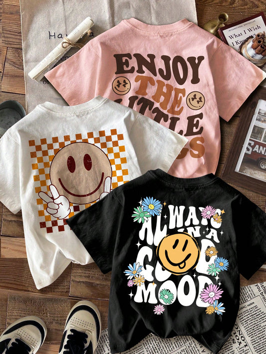 3点セット ティーンガールズ カジュアル 面白い笑顔 &amp; 「ENJOY THE LITTLE THINGS」文字プリント 半袖 クルーネック Tシャツ ホワイト + ブラック + ピンク 快適な夏用トップス