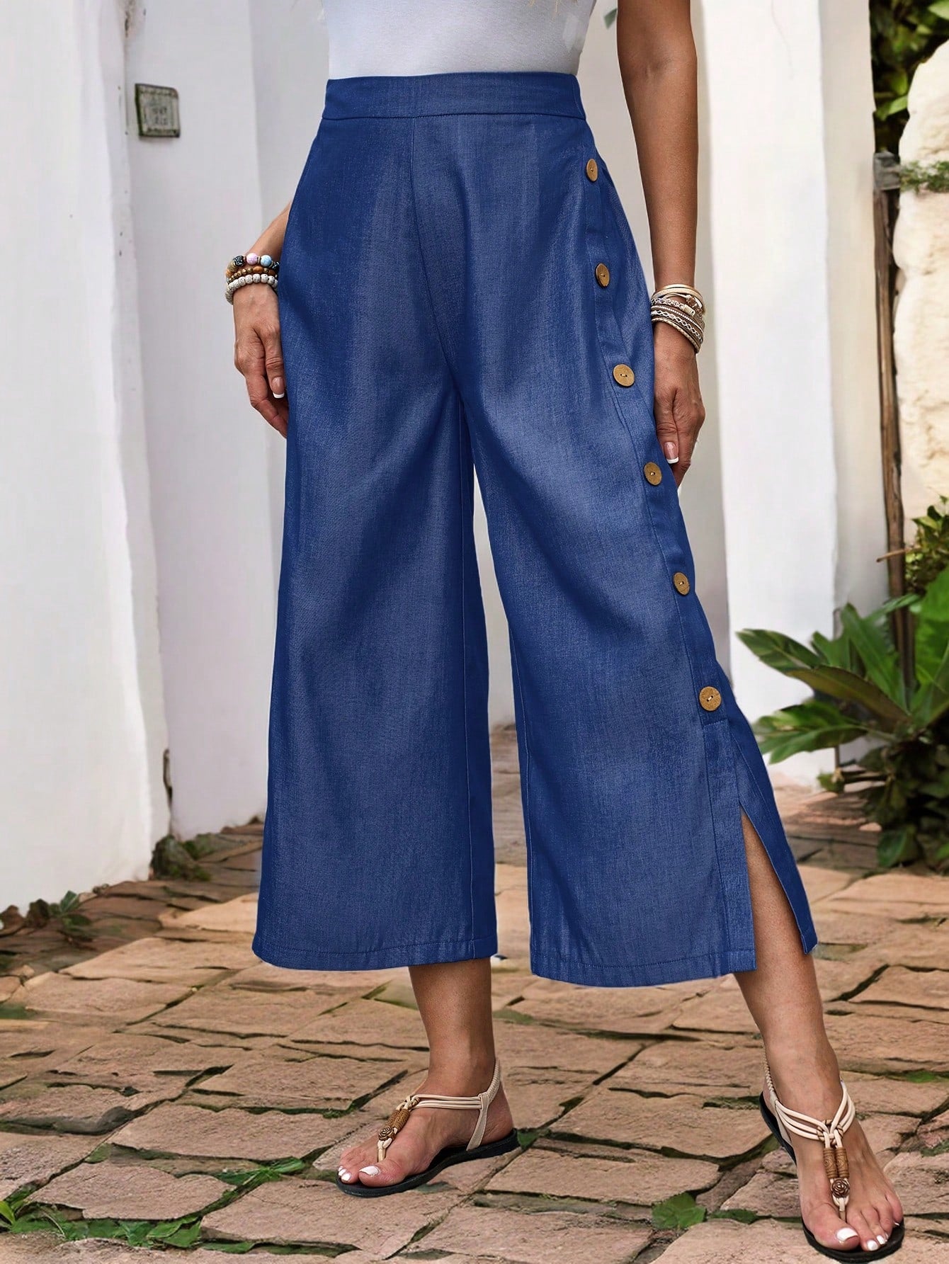 Women's High Waisted Side Button Closure Wide Leg Pants With Elastic Cuffs