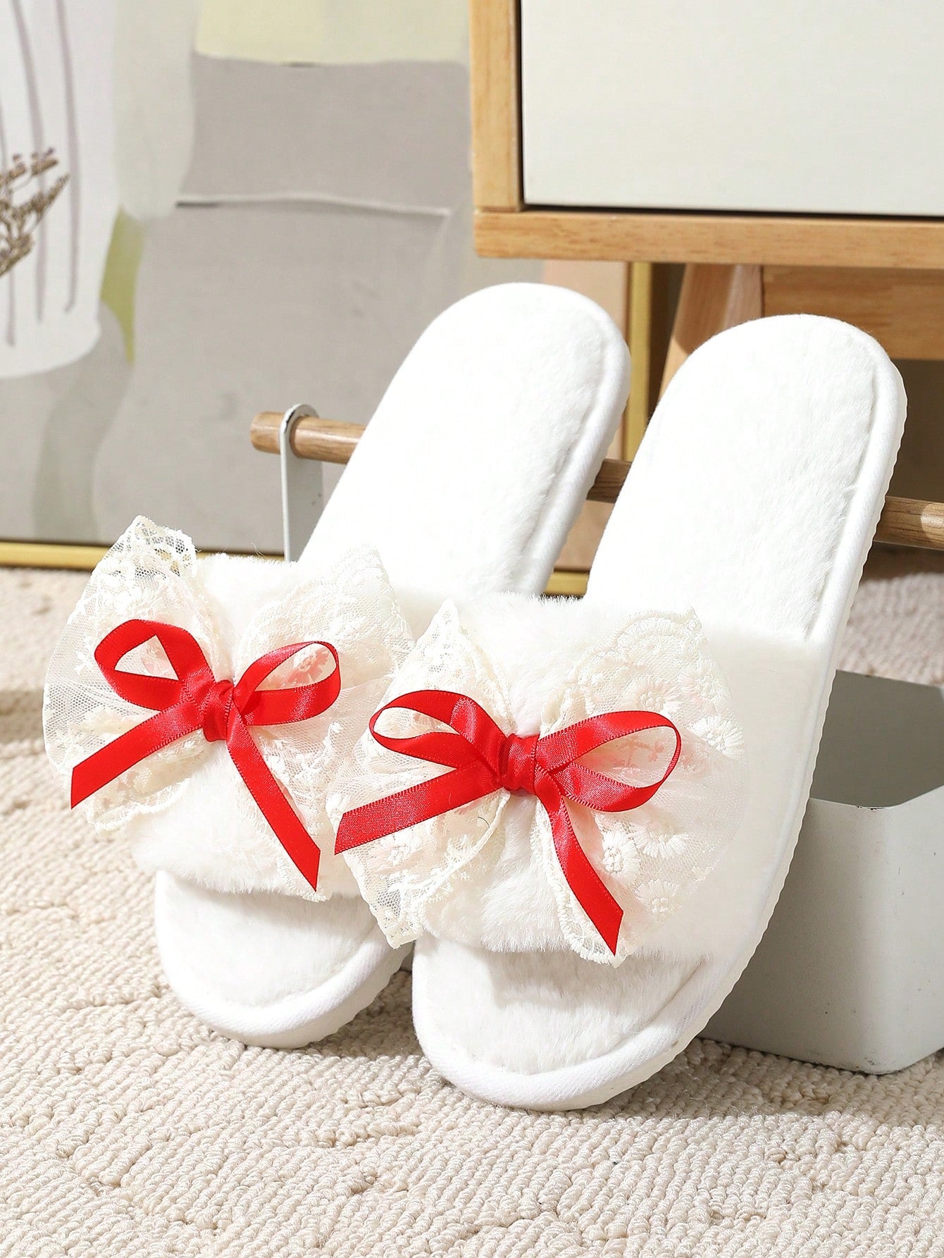 Fluffy Bowknot Slippers For Women, Soft Indoor House Shoes, Silent Anti-Slip Plush Slides