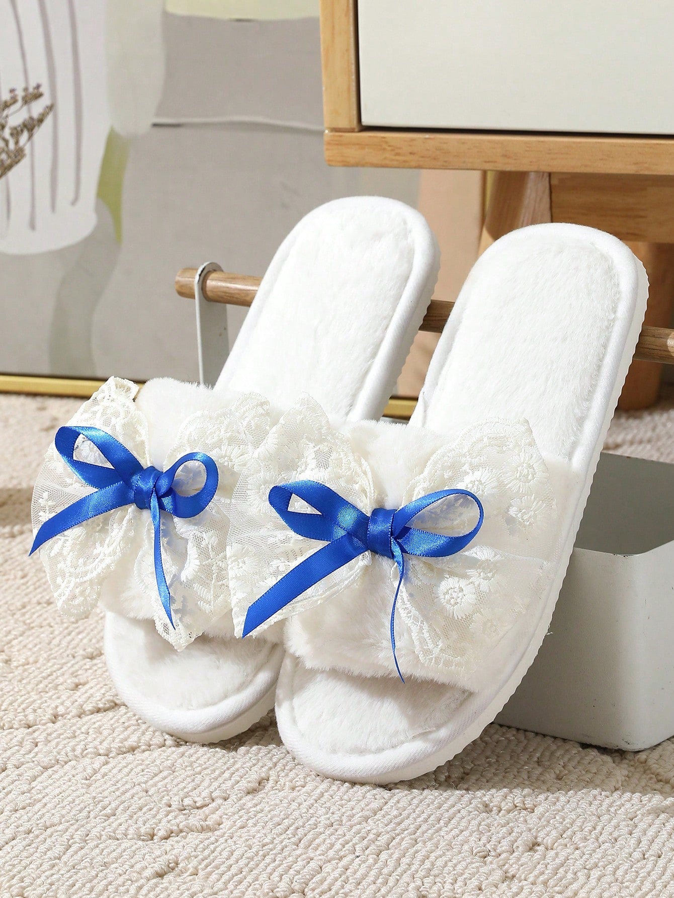 Fluffy Bowknot Slippers For Women, Soft Indoor House Shoes, Silent Anti-Slip Plush Slides