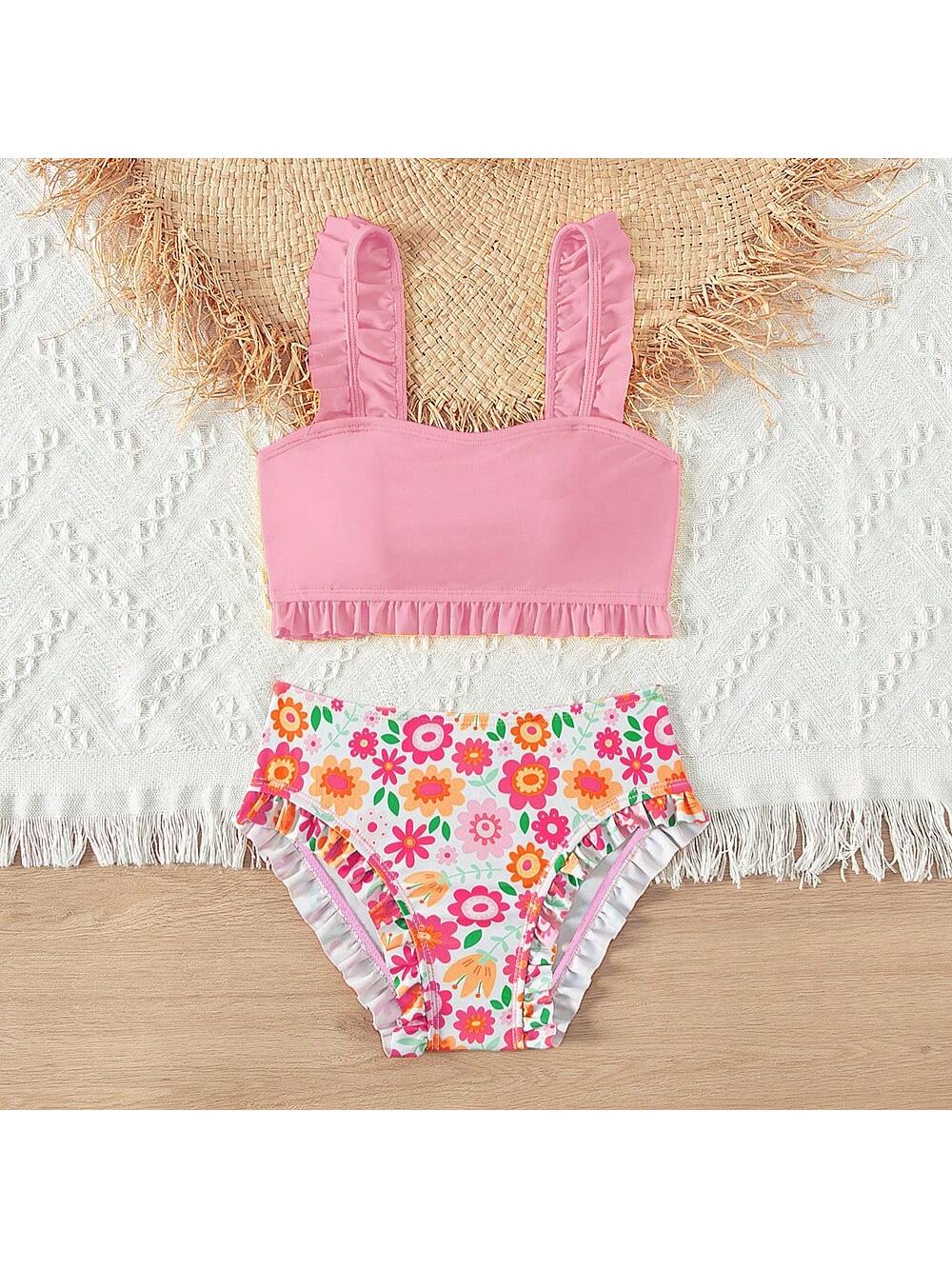 2024 New Tween Girl Summer Floral Print Ruffled Trim Bikini Two-Piece Bikini Set Summer Beach