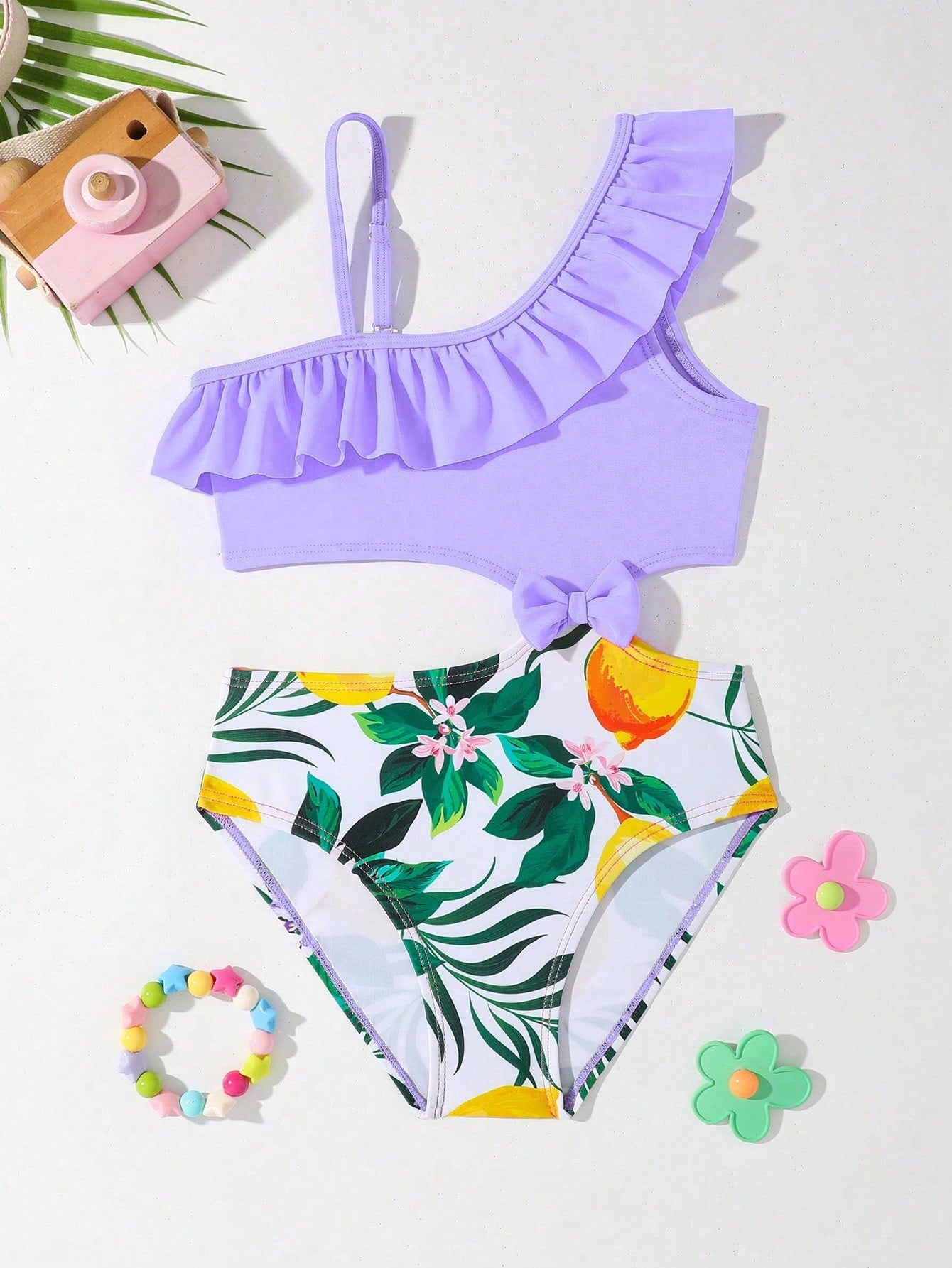 Young Girl's One Piece Swimsuit With Fruit & Plant Print, Splicing & Hollow Out Design, Contrast Color Ruffle Trim