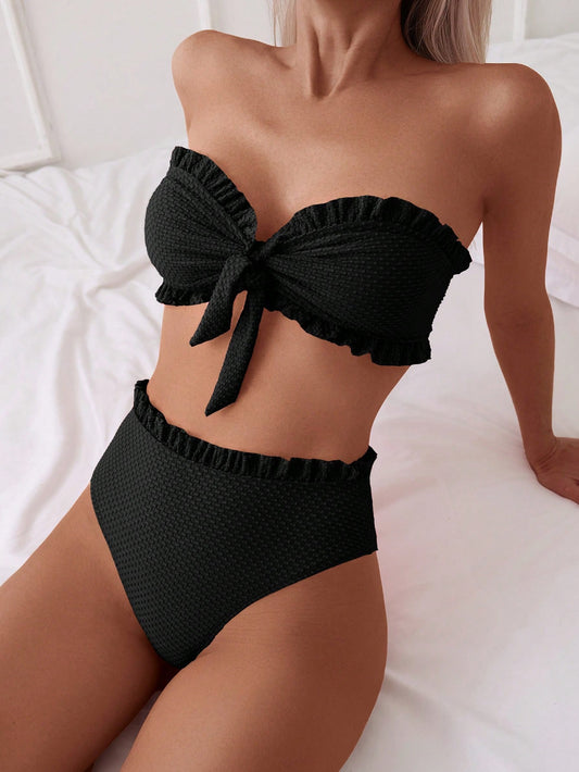 Women's Summer Beach Solid Color Ruffle Trim Bandeau Bikini Set With Front Knot, Two-Piece Swimwear Black Bathing Suits