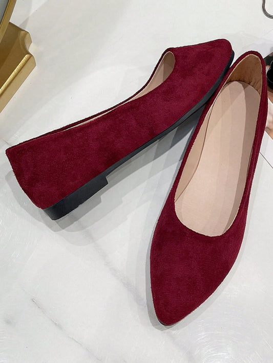 Women's Pointed Toe Low Heel Flats, Plus Size, Wine Red, Soft Sole, Spring Autumn