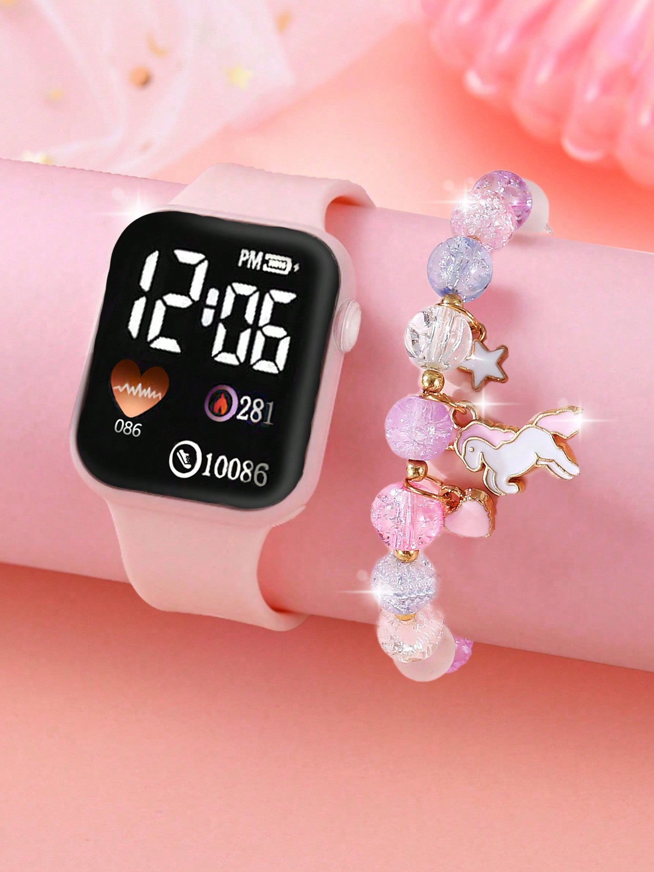 1PC Boy And Girls' LED Square Digital Electronic Watch And 1PC Crystal Rainbow Horse Bracelet Suitable For Daily Clothing