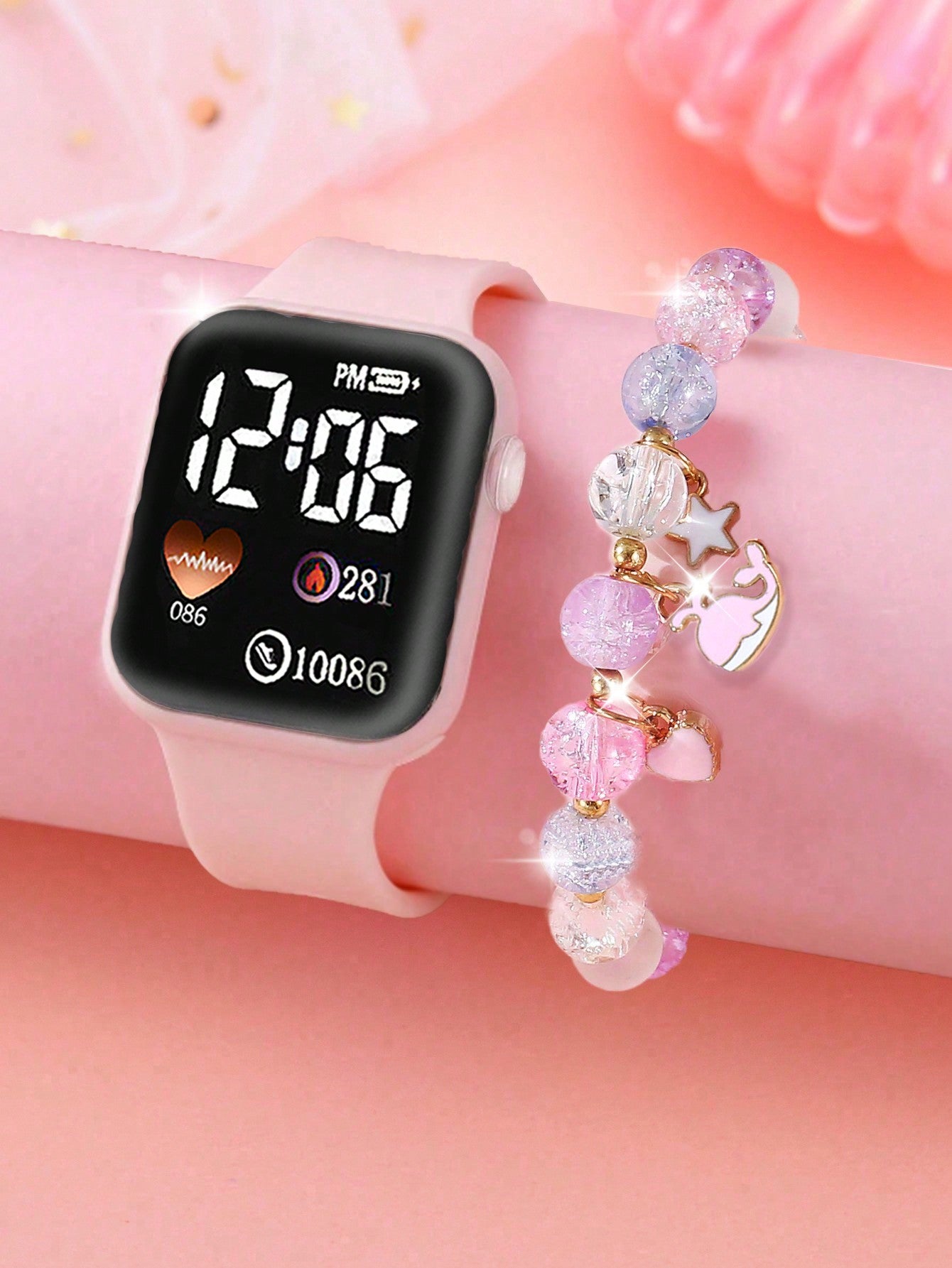 1PC Boy And Girls' LED Square Digital Electronic Watch And 1PC Crystal Rainbow Horse Bracelet Suitable For Daily Clothing