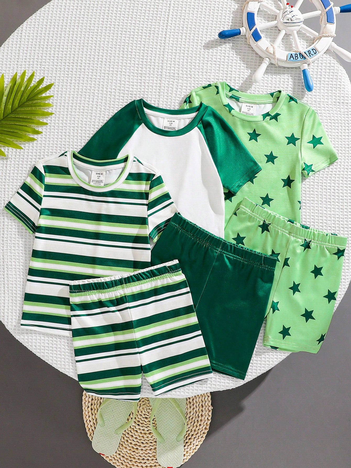 6pcs/Set Young Boys' Snug Fit Casual Contrast Stripe Star Print Short Sleeve Top And Shorts Home-Wear Set