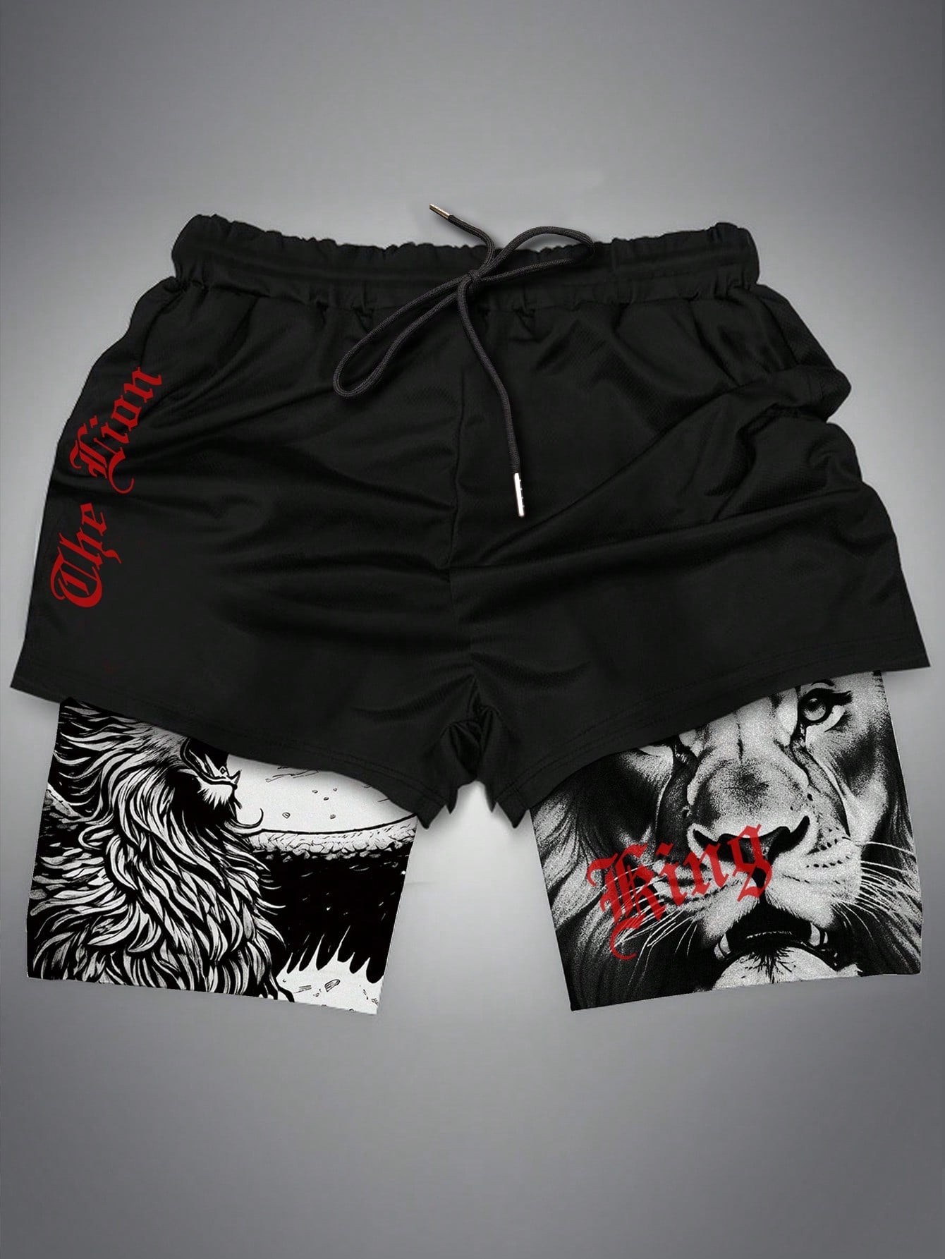 Men's Double-Layered Fashionable Drawstring Waist Shorts With Letter Lion Print, Casual And Versatile