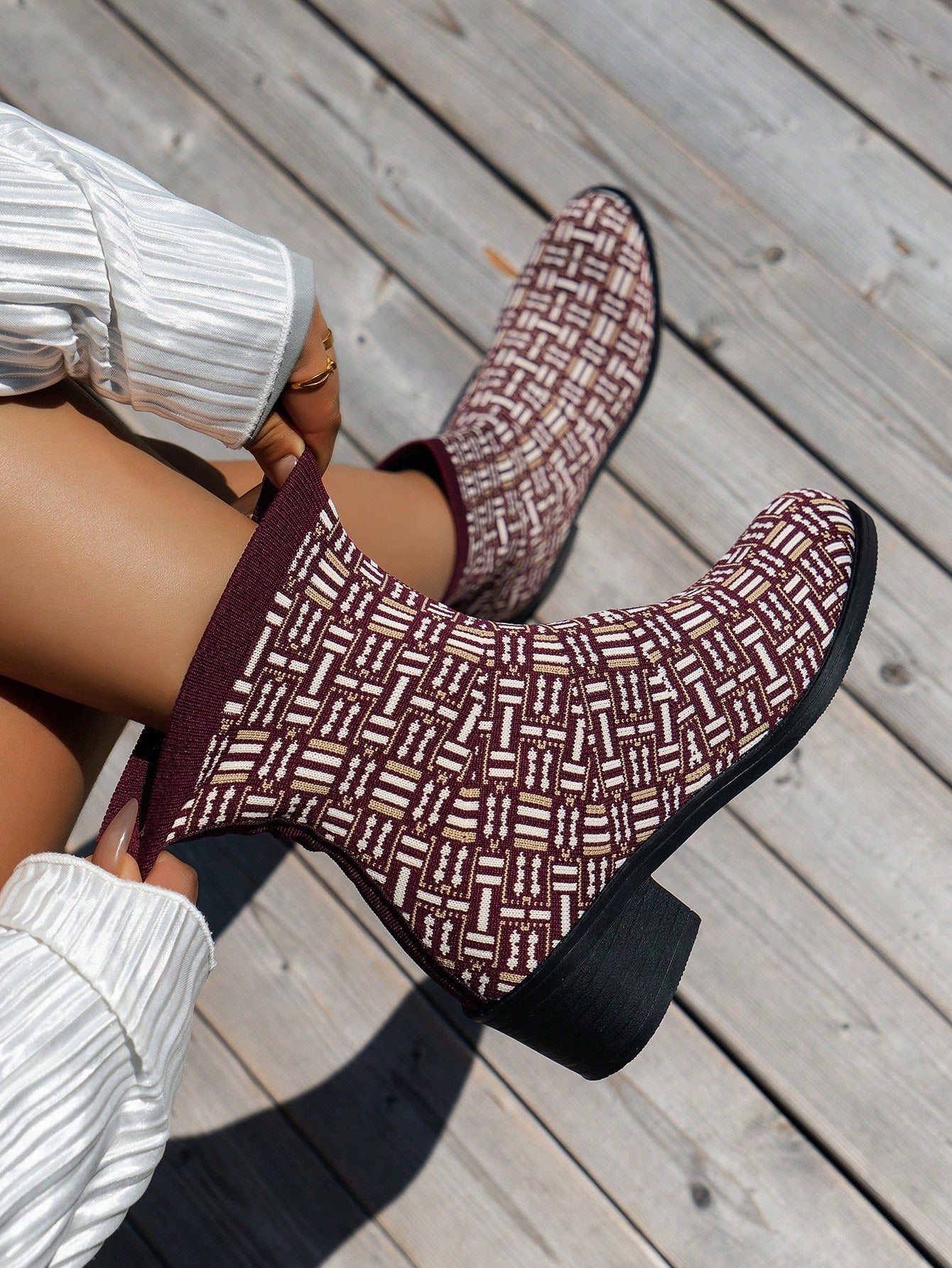 Women High Heel Hollow-Out Ankle Boots, Chunky Low Heel One-Piece Slip-On Boots With Knitted Color Splicing, Anti-Slip Soft Bottom