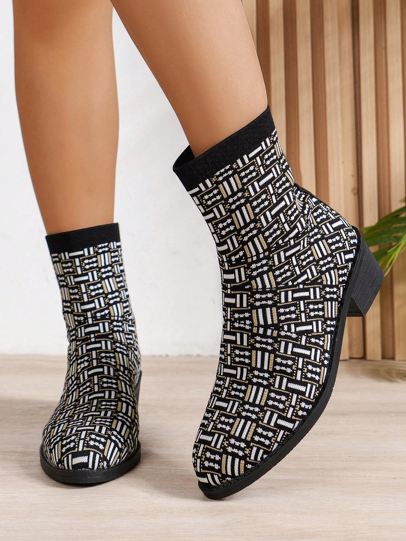 Women High Heel Hollow-Out Ankle Boots, Chunky Low Heel One-Piece Slip-On Boots With Knitted Color Splicing, Anti-Slip Soft Bottom