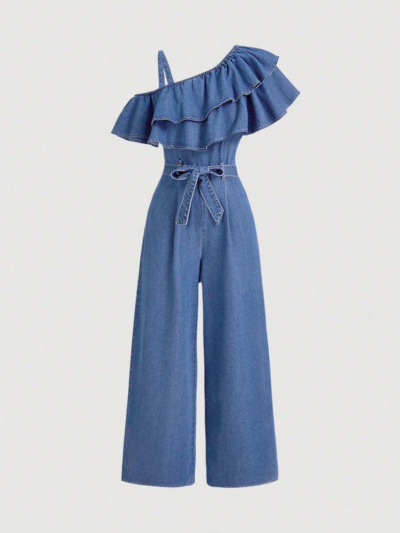 Women's Sweet Ruffle Edge Loose-Fit Denim Jumpsuit, Blue