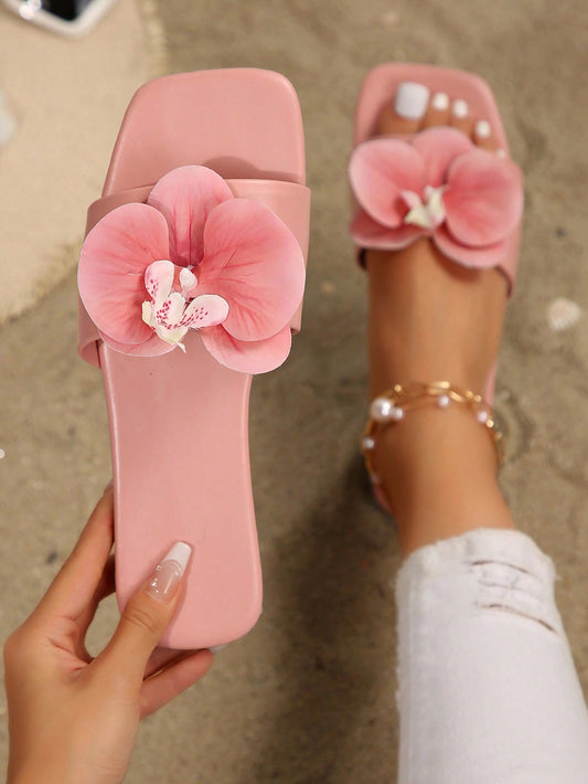 Elegant Large Flower Decor Flat Slide Sandals For Women, Summer Fashionable Outdoor Slippers 2024 New Arrival