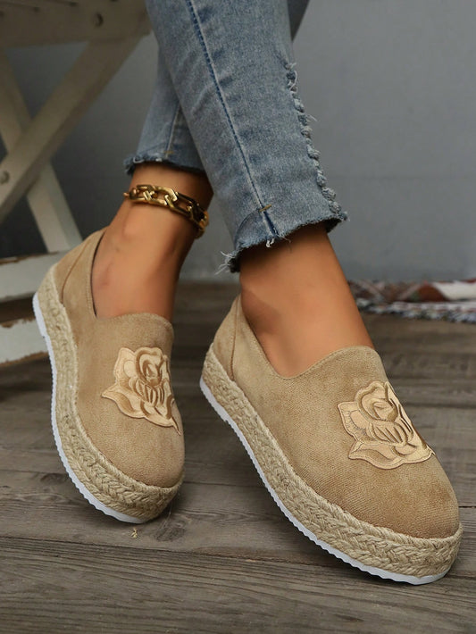 Women's Thick Sole Slip-On Shoes, Rose Embroidered Linen Rope Sole Casual Flats