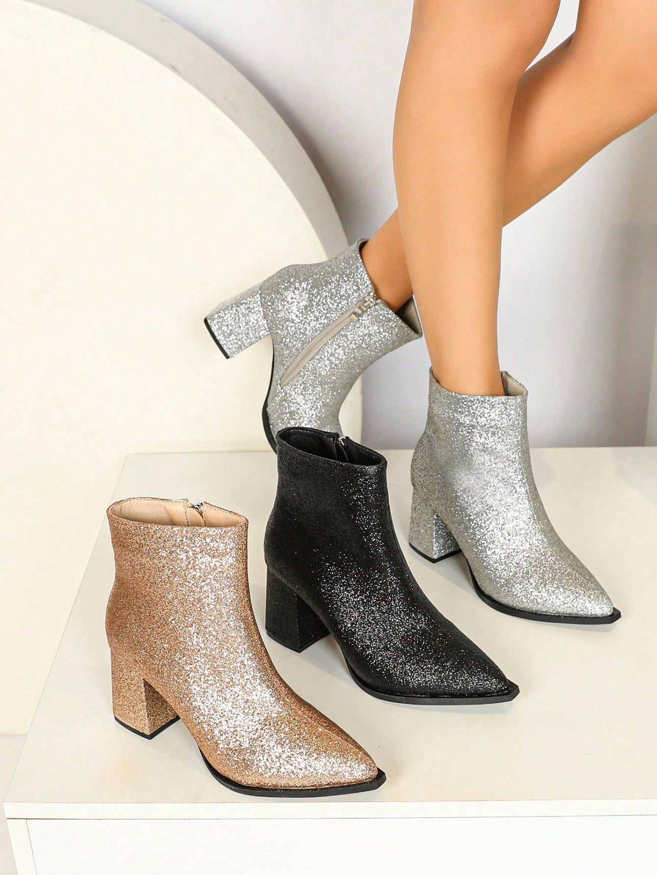 Fashionable Mid-Calf Boots With Chunky Heel, Pointed Toe, Glittery Material For Formal Occasions