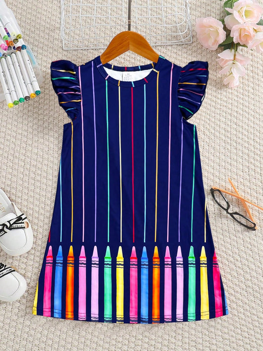 Girls' Versatile Sports Cap Sleeve Dress, Fashionable School Style Colorful Crayon Print Knitted Crew Neck Young Girl Summer Dress