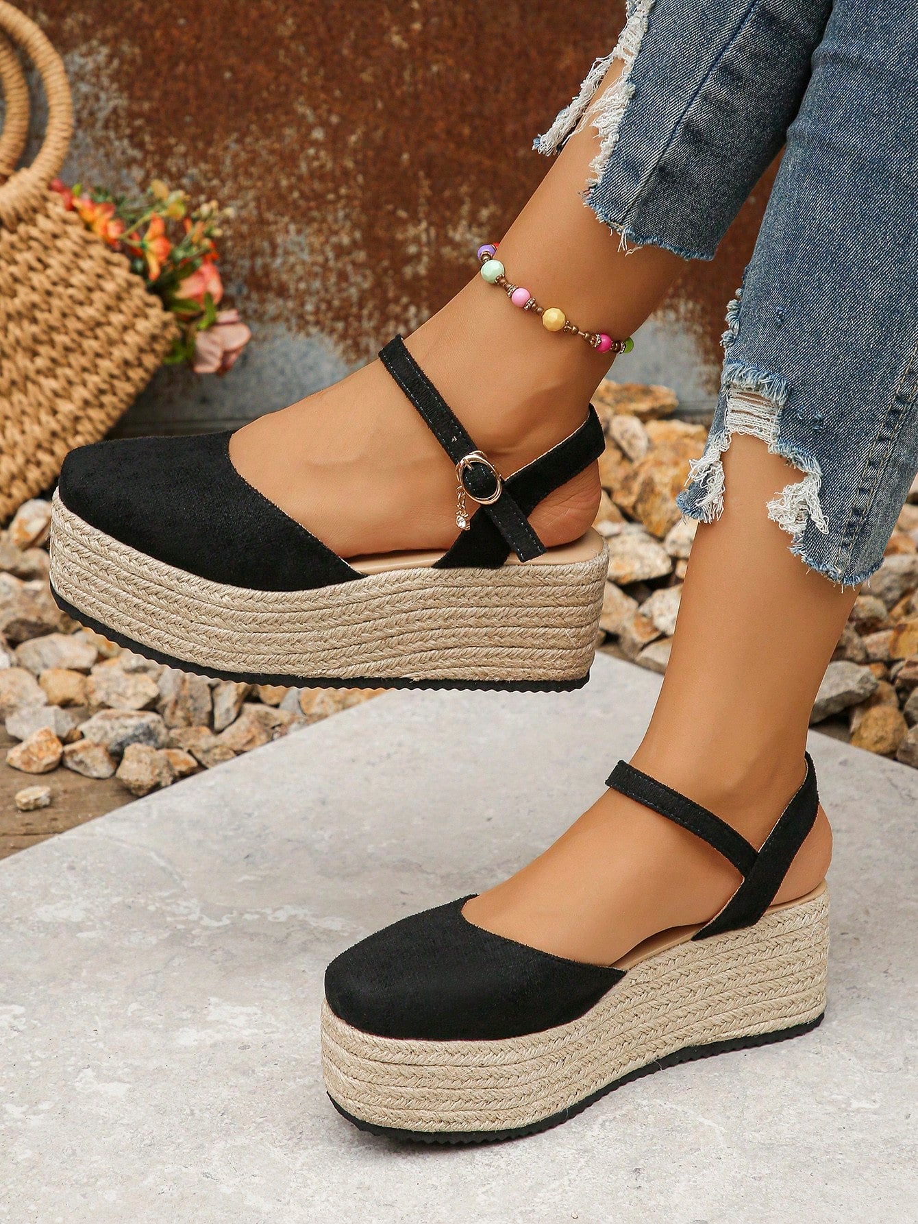 Large Size European And American Style Brown Fabric Hollow Platform Thick-Sole Sandals, Daily Wear Strap Buckle High Waterproof Jute Rope Bottom Closed-Toe Women's Wedge & Thick-Sole Flats