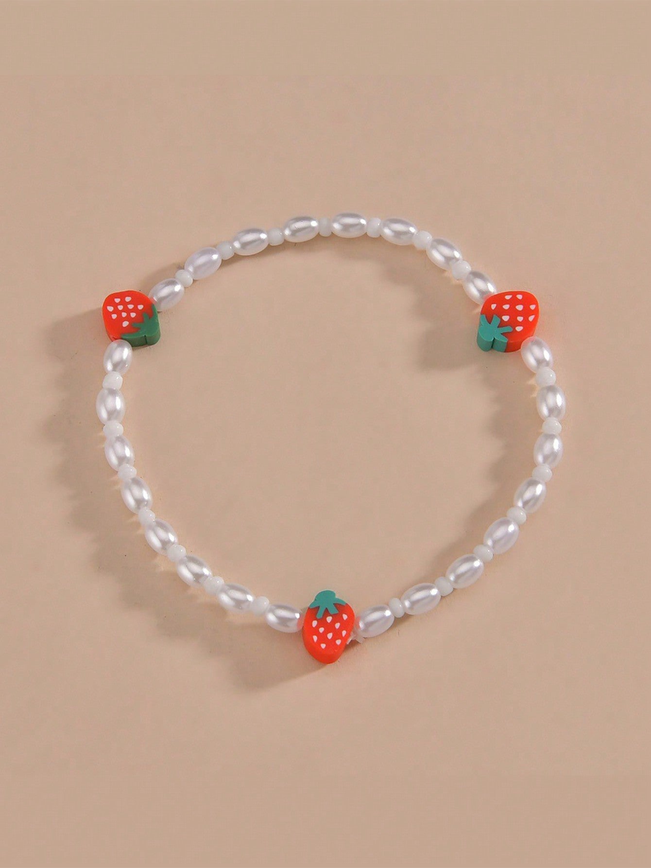 1pc Girls Sweet Fashion Trend Cute Polymer Clay Strawberry & Pearl Combo Anklet Bracelet