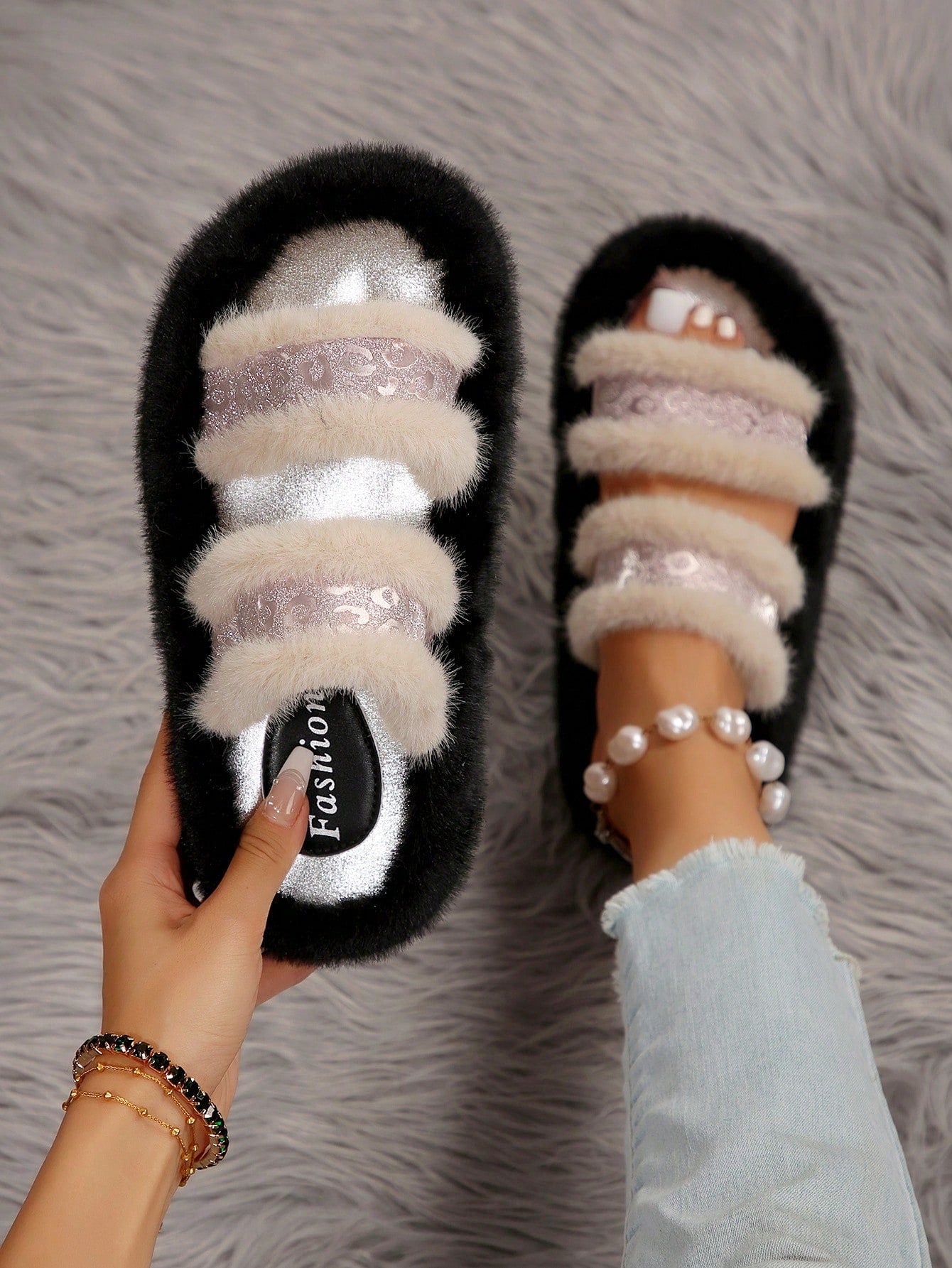 Women's Fashion Thick-Sole Double-Strap Sparkling Furry Slippers, Oversized Outdoor/Indoor Plush Comfort Slip-On Warm Slippers With Fluffy Panel, Thick Sole, Open Toe, Static-Free, Noise-Dampening, Fall/Winter