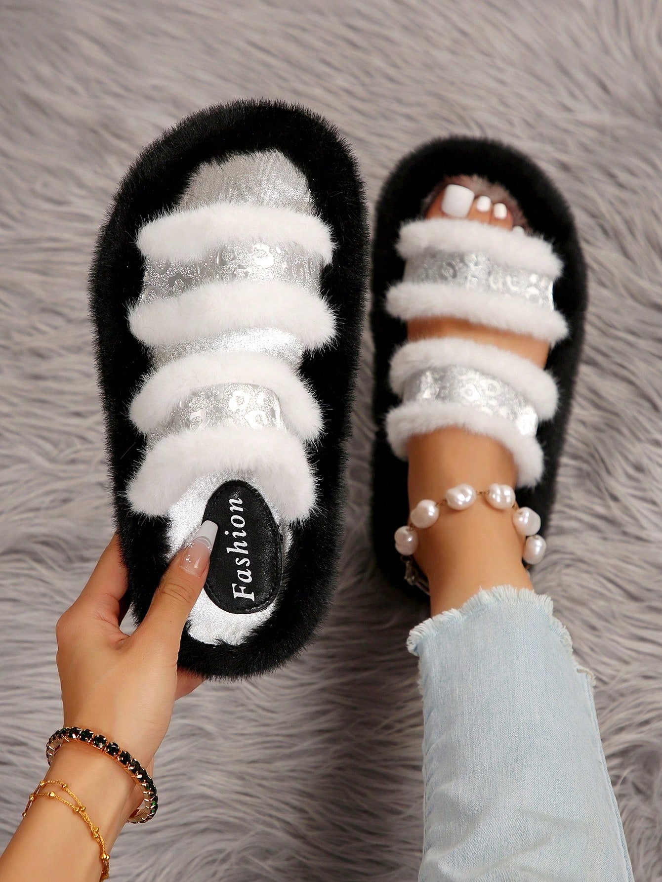 Women's Fashion Thick-Sole Double-Strap Sparkling Furry Slippers, Oversized Outdoor/Indoor Plush Comfort Slip-On Warm Slippers With Fluffy Panel, Thick Sole, Open Toe, Static-Free, Noise-Dampening, Fall/Winter