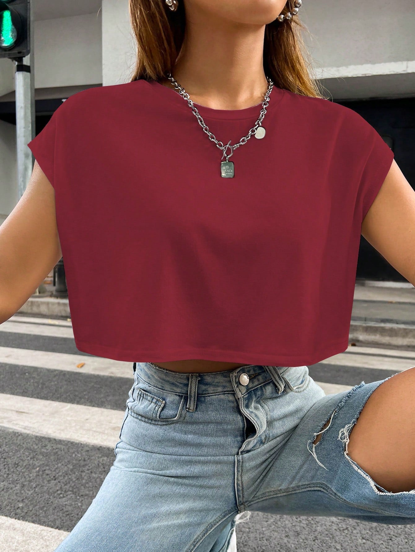 Solid Batwing Sleeve Crop Tee