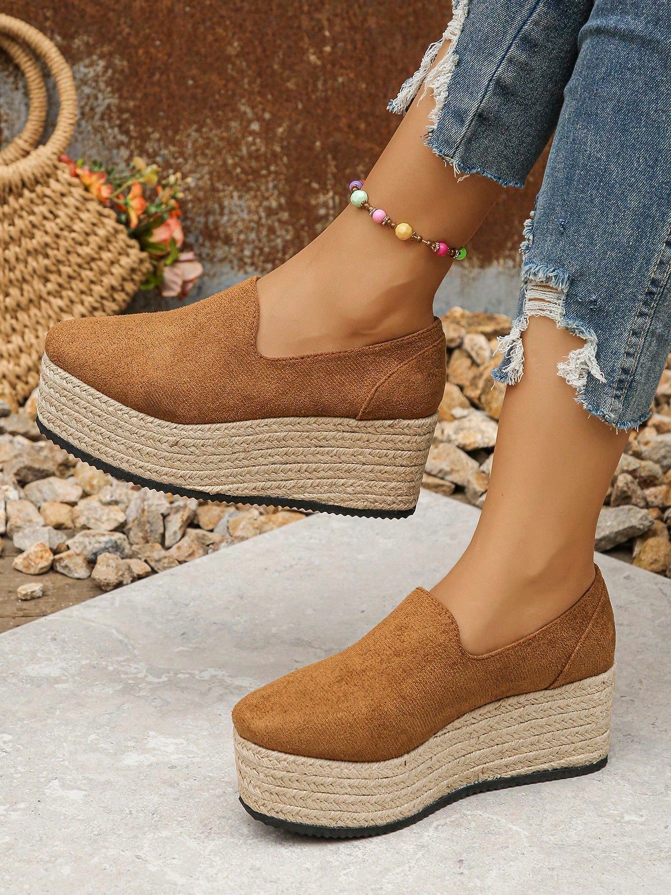 Plus Size 35-42 New Spring Autumn Casual Brown Wedge Heel Shoes, Outdoor Waterproof Platform Women's Suede Wedge Heel & Thick Sole Shoes With Woven Straw