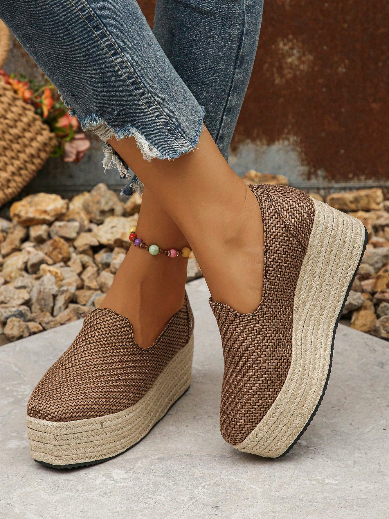 35-42 Women's Large Size Spring/Fall New Brown Suede Wedge Platform One-Piece Slip-On Casual Shoes