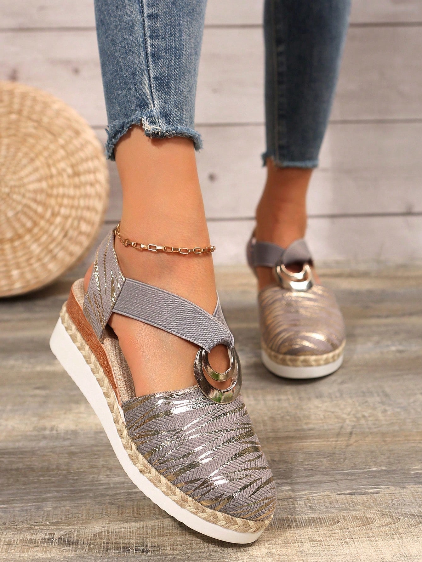 Women's Round Toe Metal Decor Comfy Linen Rope Bottom Platform Wedge Sandals, Summer