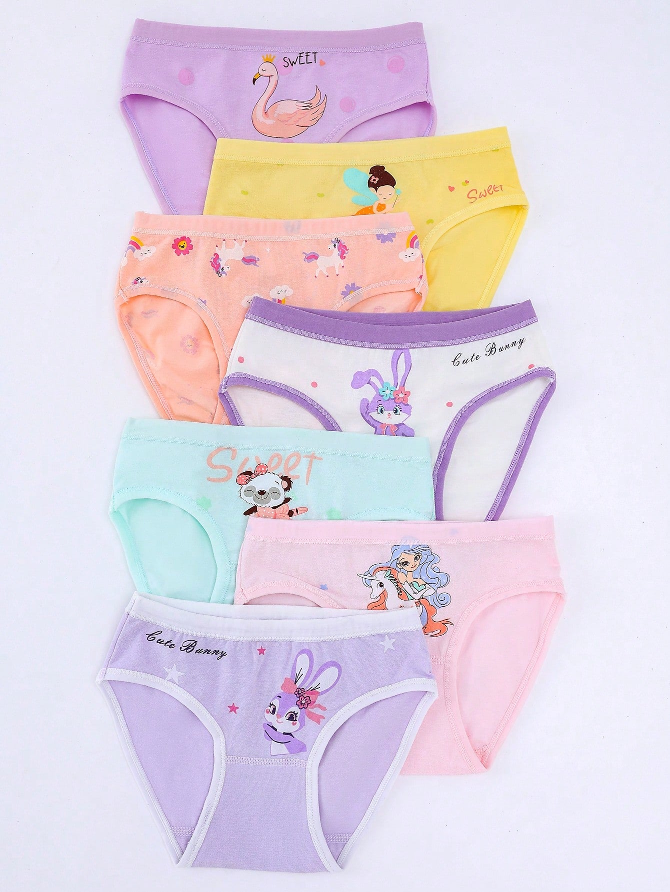 Young Girl Cartoon Print Cute Fashionable Casual Underwear, 7pcs/Set