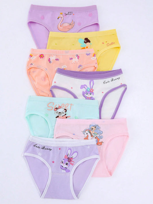 Young Girl Cartoon Print Cute Fashionable Casual Underwear, 7pcs/Set