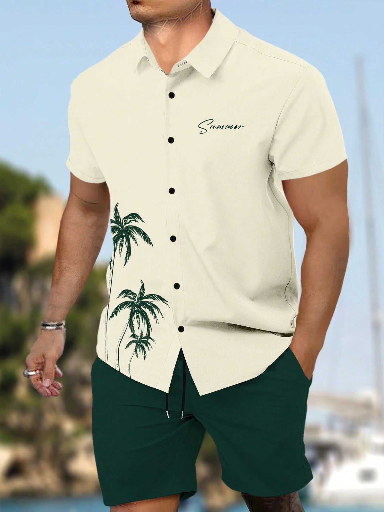 Men's Tropical Letter Print Shirt & Shorts Set