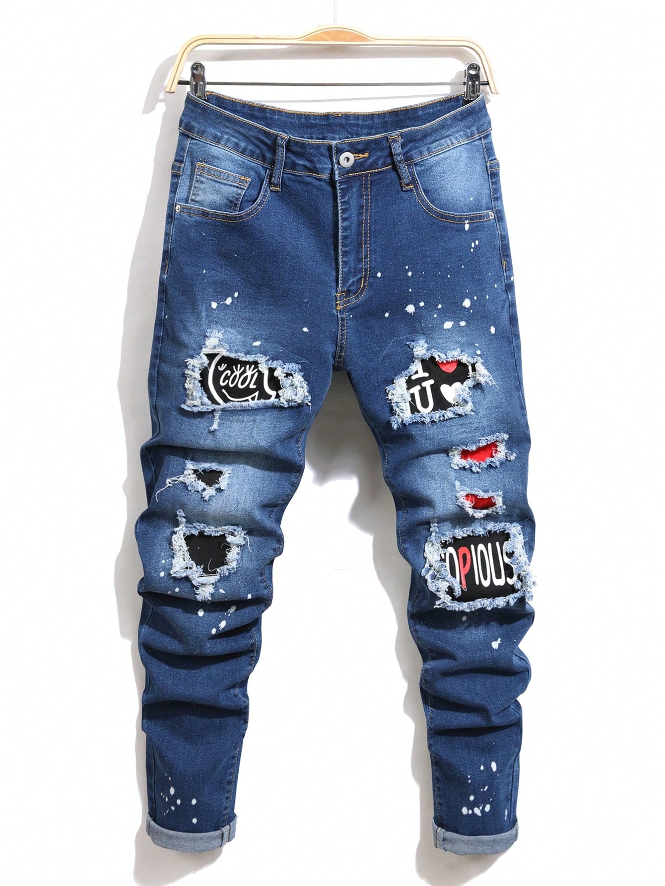 Men Cotton Letter Patched Ripped Jeans