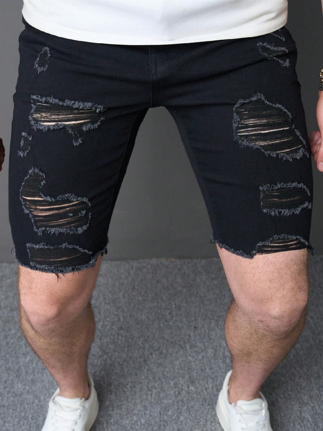 Men Cotton Ripped Frayed Hem Denim Shorts