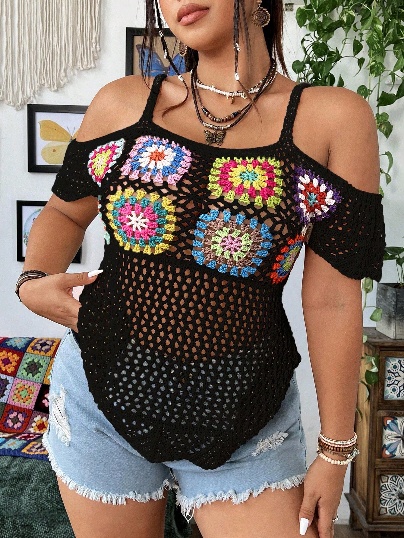 Plus Size Women's Floral Crochet Open Shoulder Knitted Top For Vacation