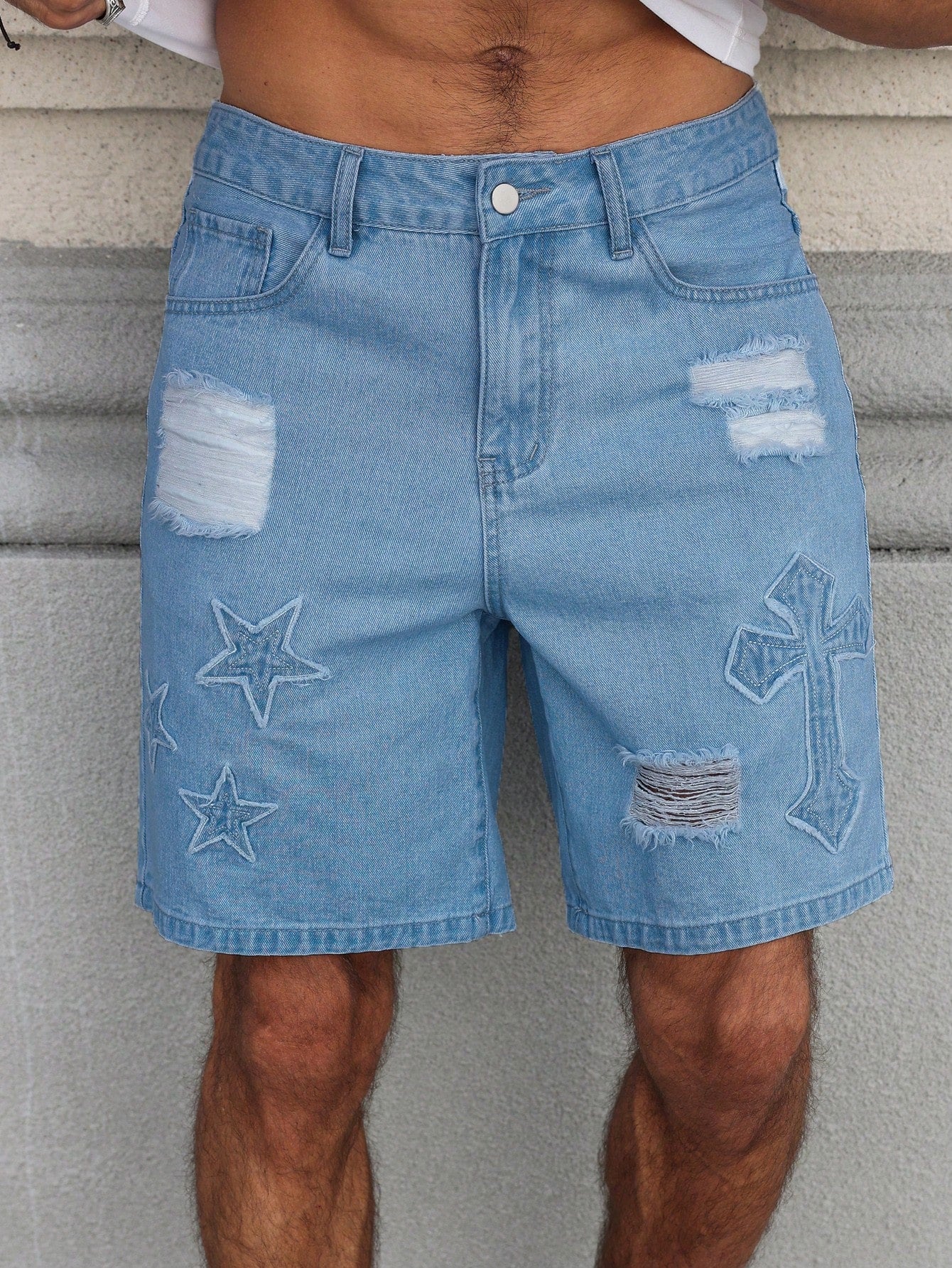 Men Ripped Patchwork Denim Shorts With Pockets And Button Closure