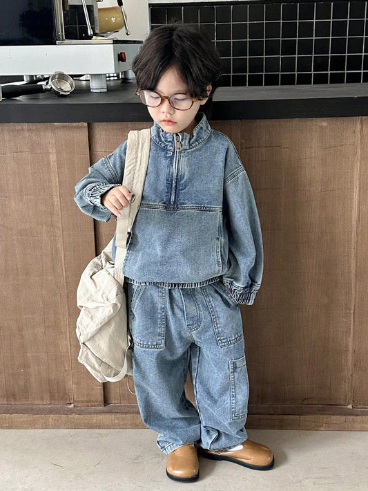 Boys' Spring New Stylish Stand Collar Workwear Casual Denim Suit